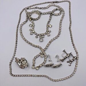 Vintage Rhinestone Jewelry Lot 6pc Necklaces Earrings Silver Tone Prong Set